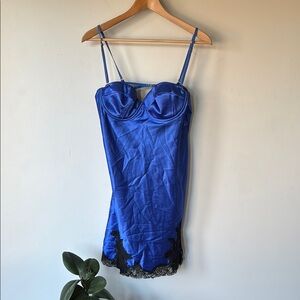 Blue Satin Chemise with Lace Trim – Slip Dress Lingerie (No Size Tag)